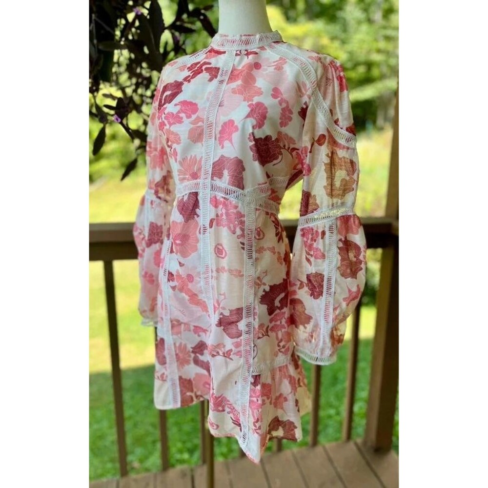 Beulah Style Floral Lace Trim Dress Pink Size M